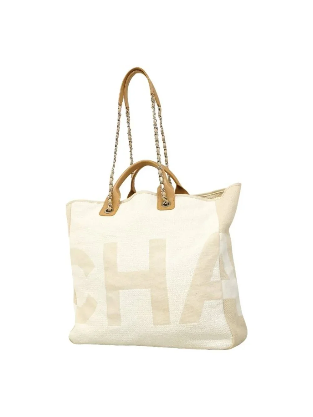Chanel Handle Deauville Canvas Beige Silver 2-Way Bag